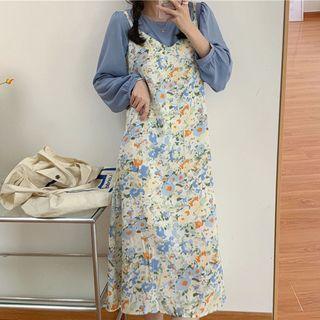 Plain Blouse / Strappy Floral Midi A-line Dress