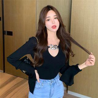 Bell-sleeve Chain Accent Plain Knit Top