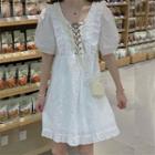 Short-sleeve Lace Up Ruffle Trim Mini A-line Dress