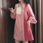 Color Block Long-sleeve Mini Shirtdress Pink - One Size