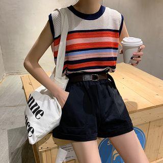 Striped Sleeveless Knit Top / Elastic Waist Shorts