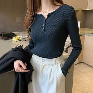 Plain Button-up Ribbed Knit Top