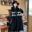 Argyle Sweater Vest / Long-sleeve Plain Midi Dress