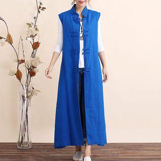 Plain Sleeveless Mandarin Collar Midi Dress