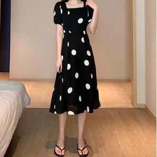 Square Neck Dotted Midi A-line Dress