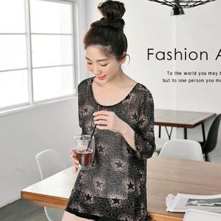 3/4-sleeve Star Printed Sheer Top