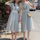 Lace Trim Short-sleeve Midi A-line Dress / Sleeveless Dress