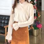Frill-neck Ruffle-cuff Ribbed Top