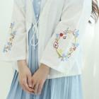 Flower-embroidery Tasseled Cardigan White - One Size