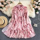 Long-sleeve Print Chiffon Ruffle Dress Pink - One Size