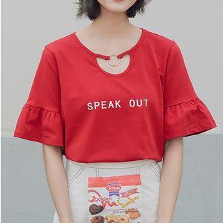 Bell Sleeve Letter Print Cutout Top