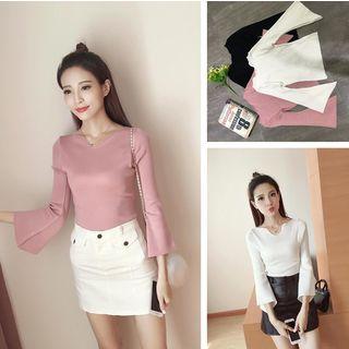 Split Neck Ribbed 3/4 Sleeve Knit Top