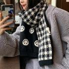 Smiley Face Print Plaid Scarf Black & Beige - One Size