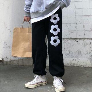 Flower Embroidered Gathered Cuff Pants