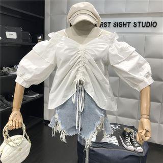 3/4-sleeve Cold Shoulder Drawstring Top
