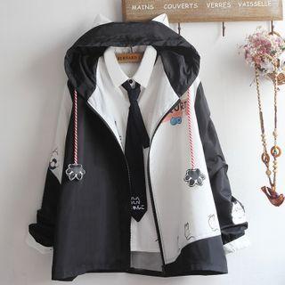 Two-tone Cat Print Hooded Jacket / Shirt / Set