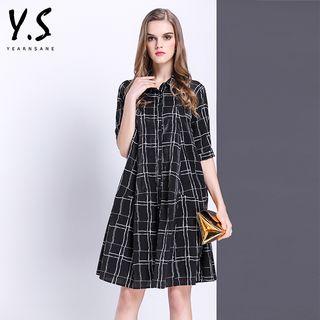 Elbow-sleeve Check Shirtdress