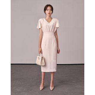 Bell-sleeve Shirred Long H-line Dress