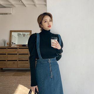 Puff-sleeve Turtle-neck Knit Top