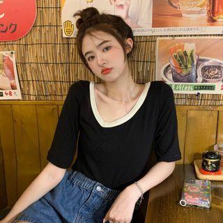 Short-sleeve V-neck Two-tone T-shirt Black - One Size