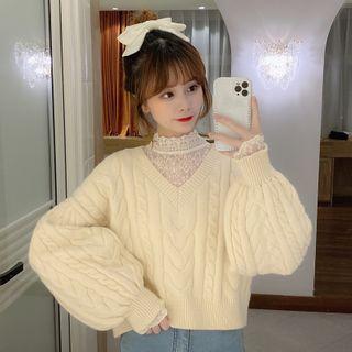 Lace Blouse / V-neck Cropped Sweater
