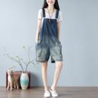 Ripped Washed Dungaree Shorts Dark Blue - One Size