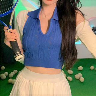 Halter-neck Collared Knit Crop Tank Top / Long-sleeve Shrug