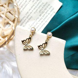 Faux Pearl Alloy Butterfly Dangle Earring 1 Pair - Silver Needle Earring - Gold - One Size