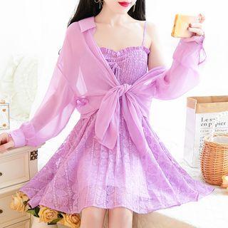 Set: Spaghetti Strap Mini A-line Lace Dress + Long-sleeve Shirt