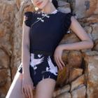 Ruffle Trim Crane Print Swimsuit