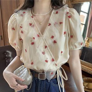 Puff-sleeve Rose Embroidered Mesh Blouse