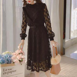 Mock-neck Midi Long-sleeve Lace Dress