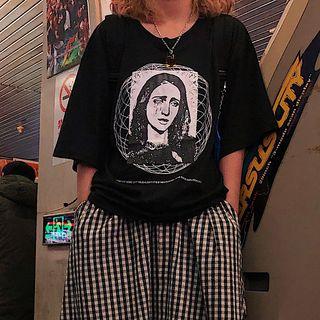 Elbow-sleeve Face Print T-shirt Black - One Size