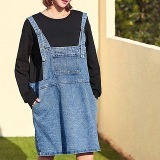 Mock Two-piece Denim Panel Long-sleeve Dress Black - One Size