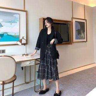 Set: Button Blazer + Midi Plaid Layered Skirt