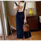 Short-sleeve T-shirt / Denim Midi Suspender Skirt / Set
