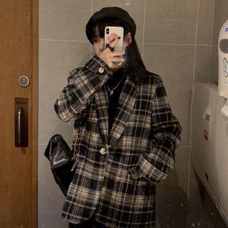 Long-sleeve Buttoned Plaid Blazer