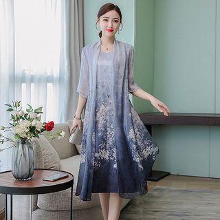 Mock Two-piece 3/4-sleeve Printed A-line Midi Dress