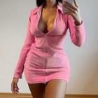 Long-sleeve Collared Zip Mini Bodycon Dress