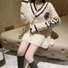 V-neck Cable Knit Lettering Sweater As Shown In Figure - One Size