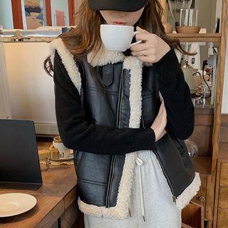 Lapel Fleece Faux Leather Vest