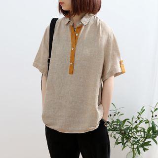 Contrast Trim Linen Short-sleeve Blouse