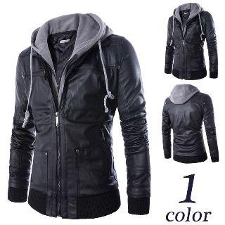 Inset Hood Faux-leather Jacket