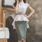 Sleeveless Ruffle Blouse With Belt / Pencil Skirt / Set