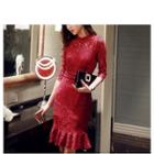 Long-sleeve Lace Panel Frilled Dress