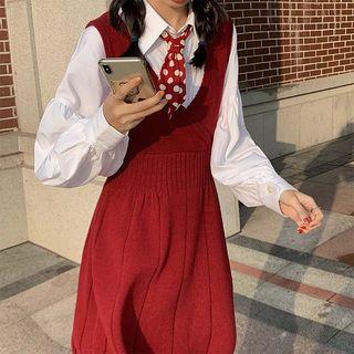 Long Sleeve Plain Shirt / V-neck Pinafore Dress