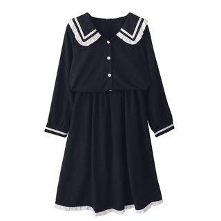 Set: Contrast Trim Shirt + Midi A-line Skirt Set Of 2 - Black - One Size