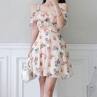 Short-sleeve Cold Shoulder Floral Print Mini A-line Dress