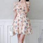 Short-sleeve Cold Shoulder Floral Print Mini A-line Dress