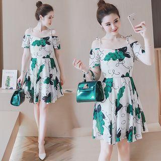 Off-shoulder Strap Floral Print Short-sleeve Dress
